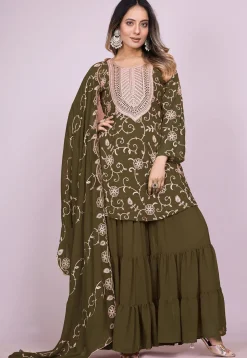 Embroidered Georgette Pakistani Suit in Olive Green