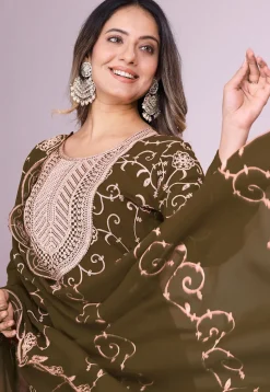 Embroidered Georgette Pakistani Suit in Olive Green