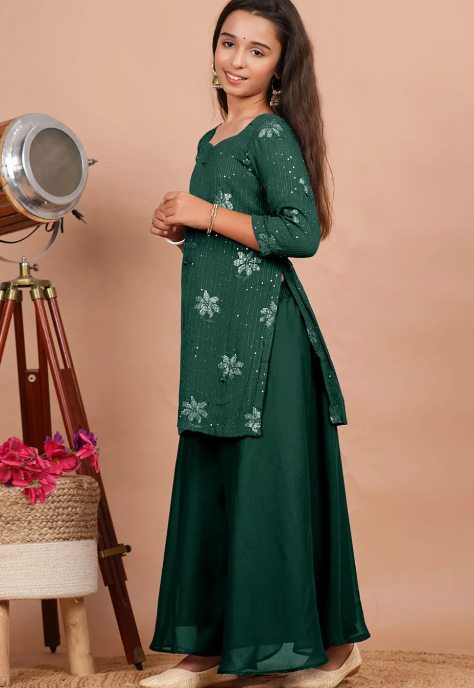 Embroidered Georgette Pakistani Suit in Dark Green