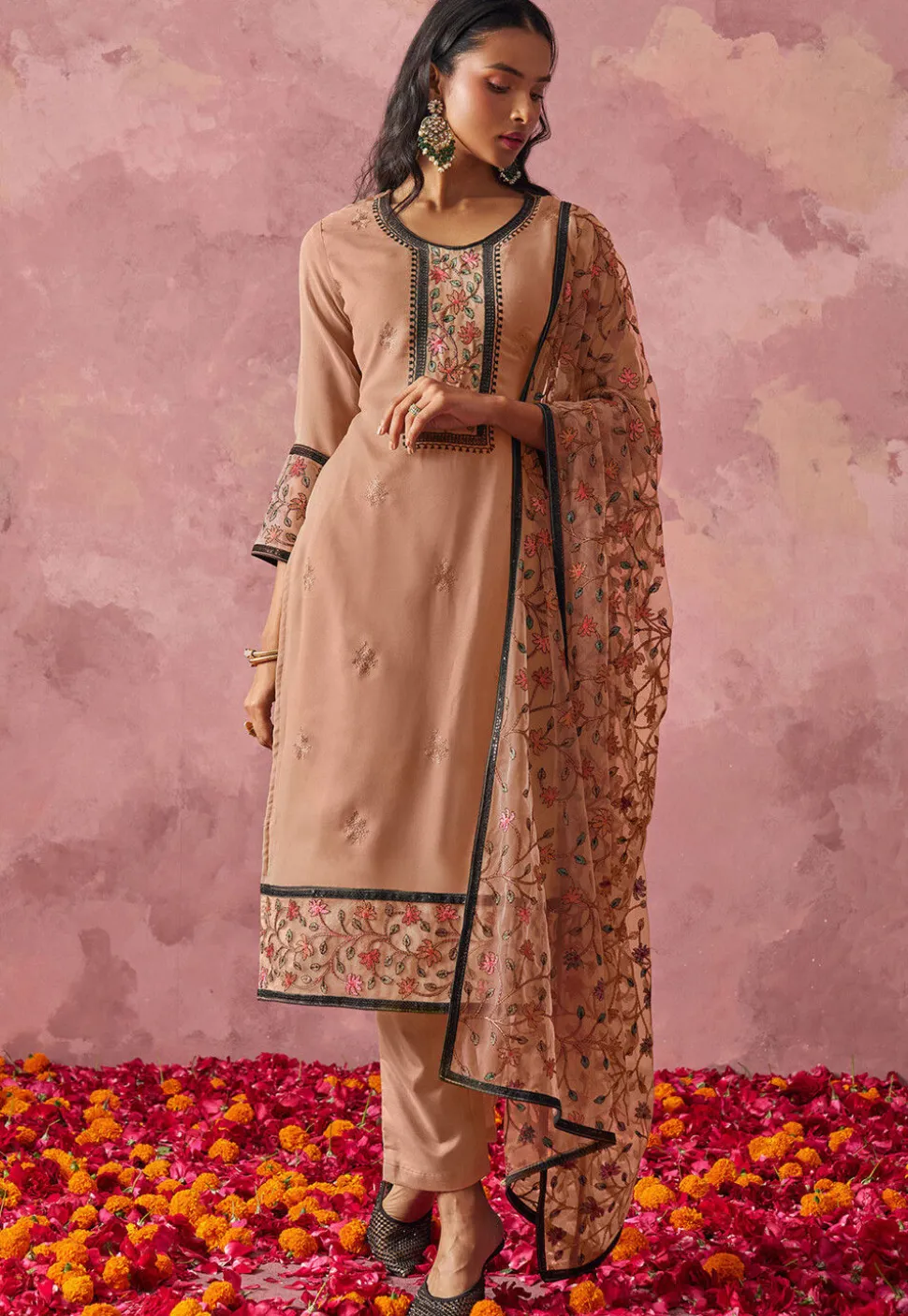 Embroidered Georgette Pakistani Suit in Peach