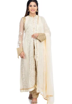 Embroidered Georgette Pakistani Suit in Off White