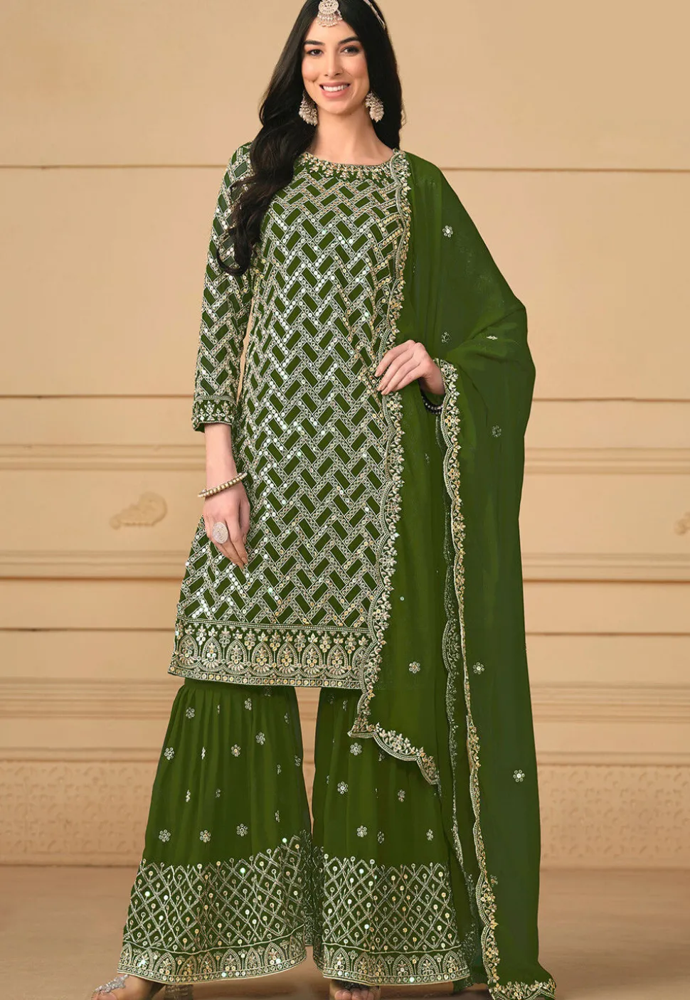 Embroidered Georgette Pakistani Suit in Green
