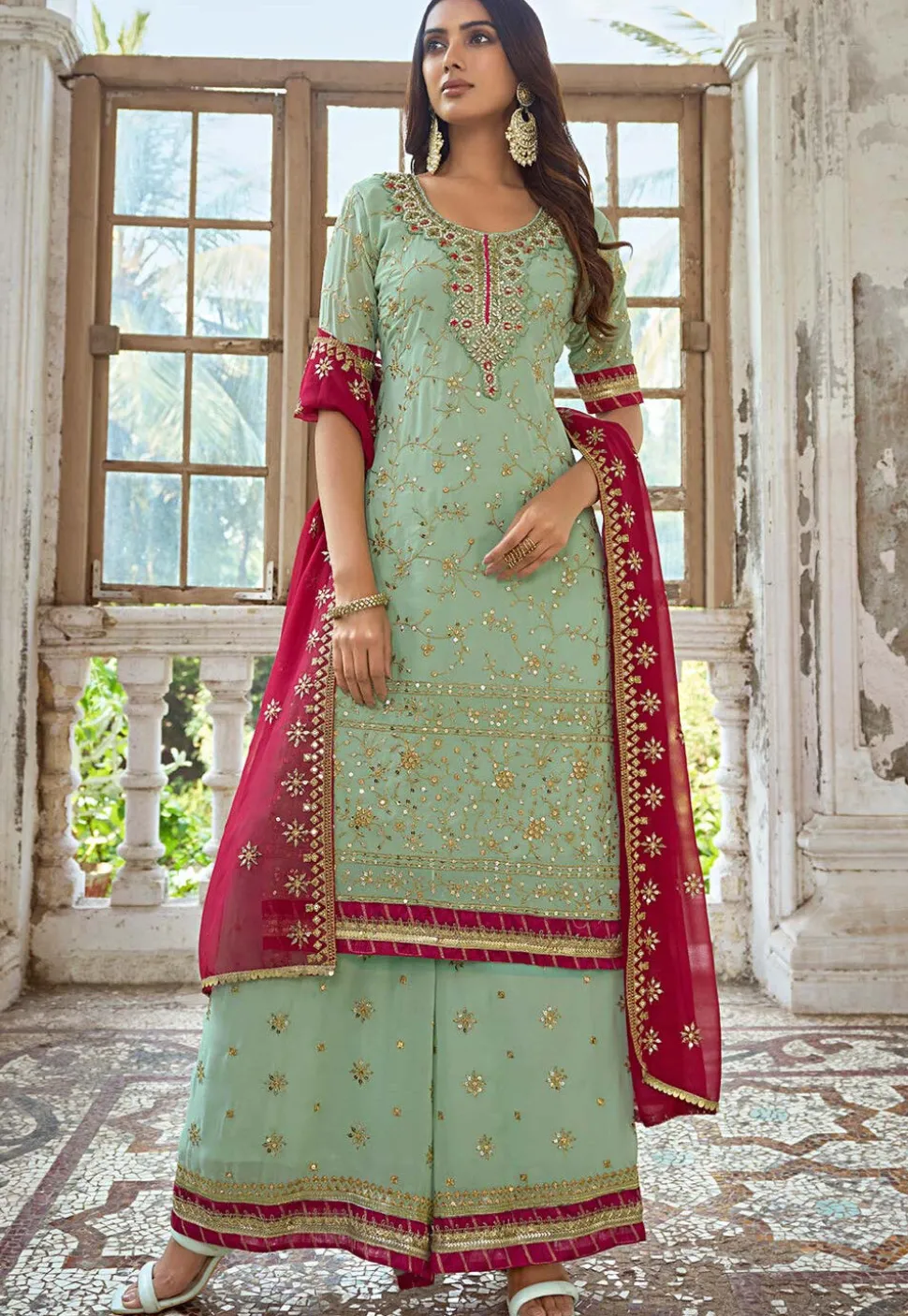Embroidered Georgette Pakistani Suit in Sea Green