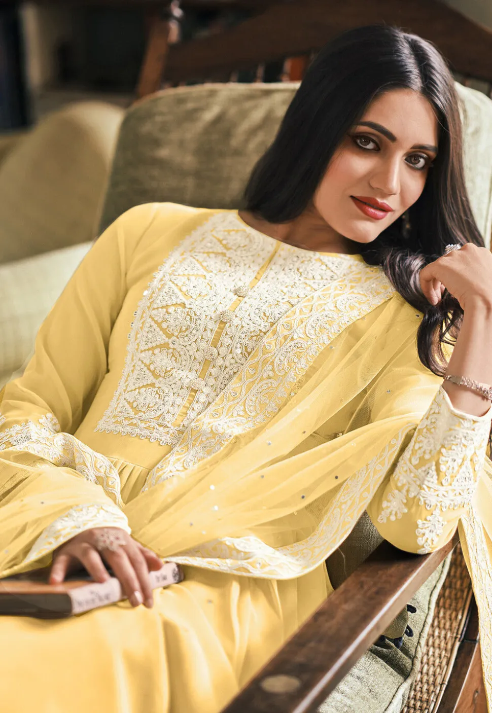 Embroidered Georgette Pakistani Suit in Yellow