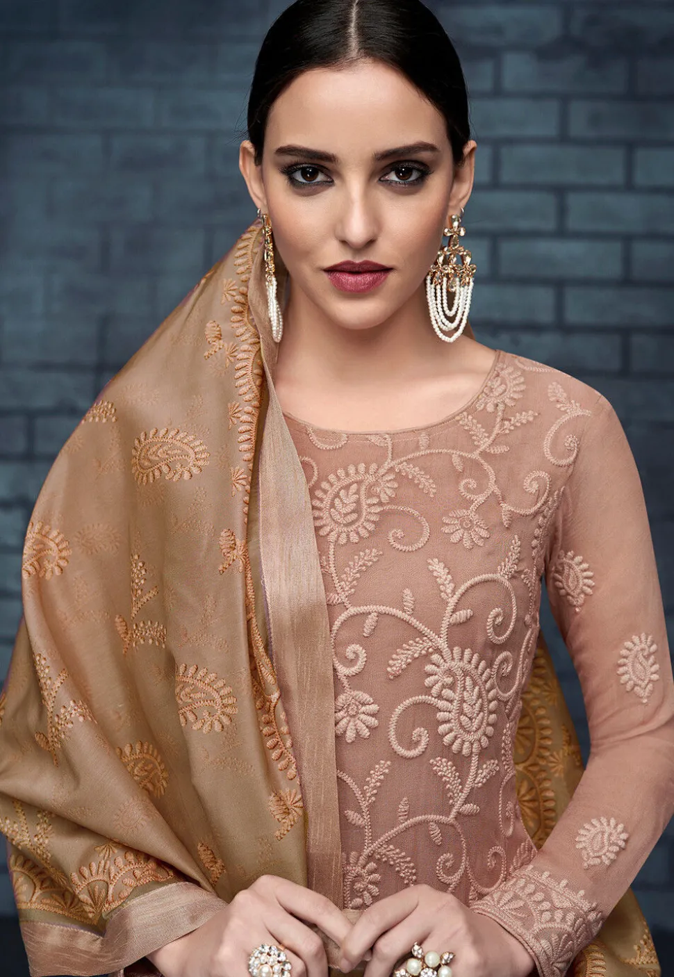 Embroidered Georgette Pakistani Suit in Dusty Peach