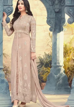 Embroidered Georgette Pakistani Suit in Old Rose