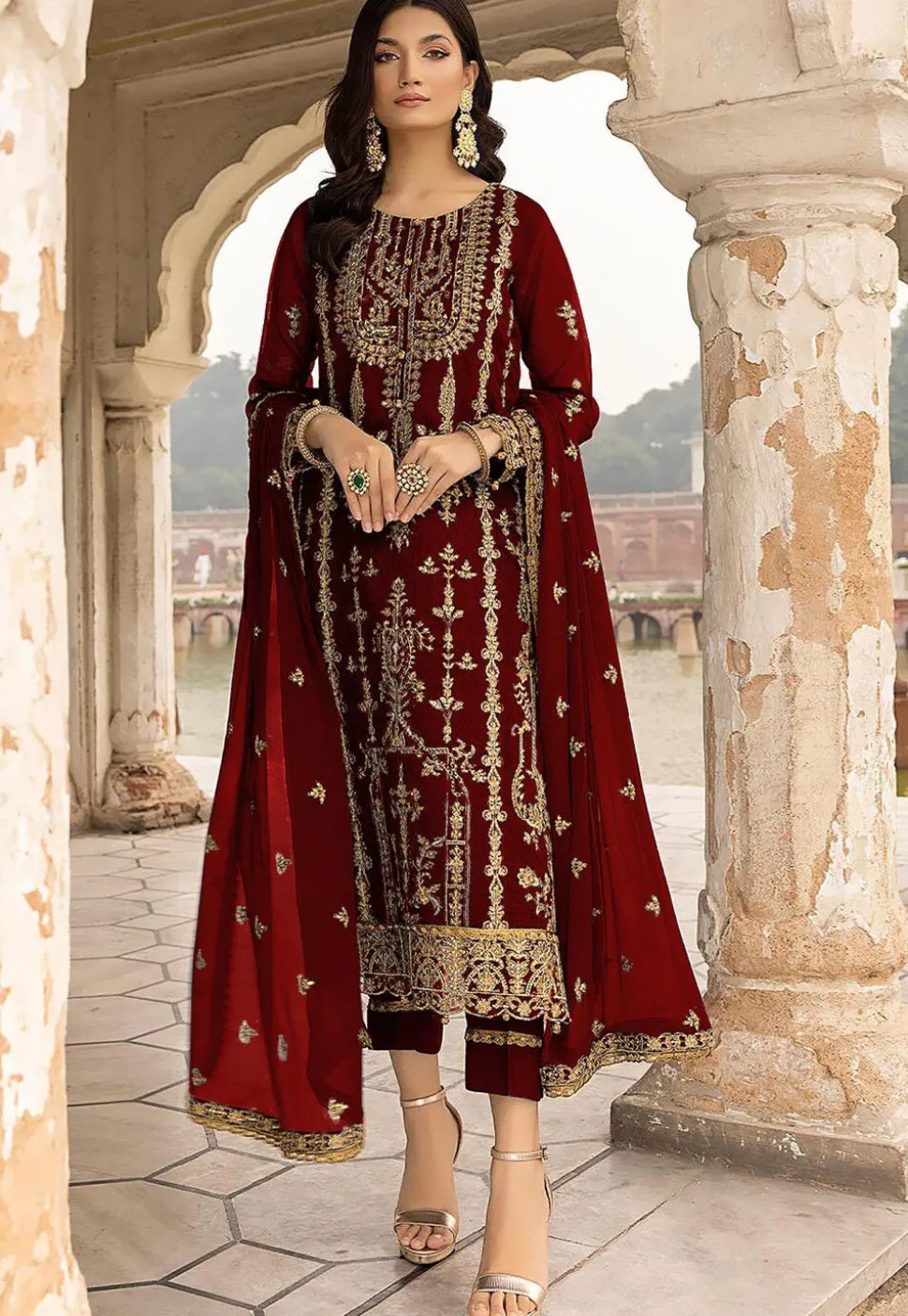 Embroidered Georgette Pakistani Suit in Maroon