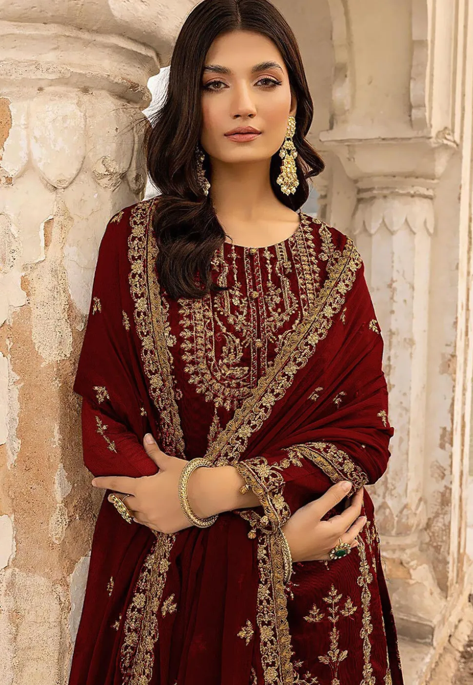 Embroidered Georgette Pakistani Suit in Maroon