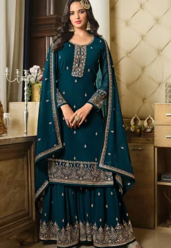 Embroidered Georgette Pakistani Suit in Teal Blue