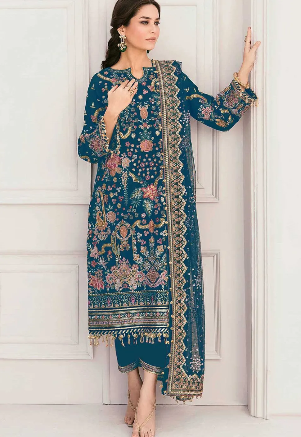 Embroidered Georgette Pakistani Suit in Teal Blue