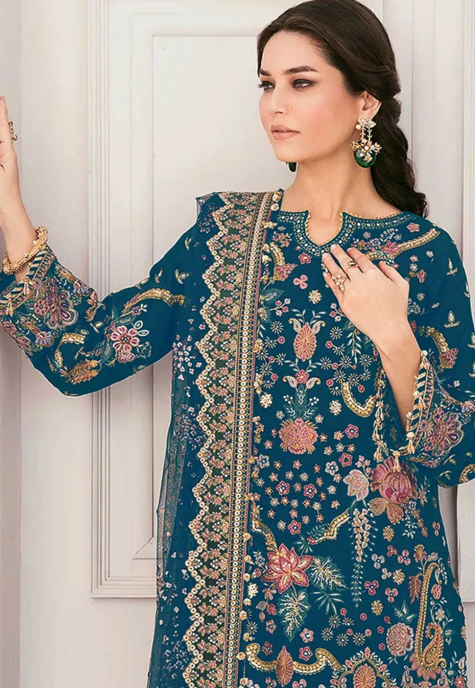 Embroidered Georgette Pakistani Suit in Teal Blue