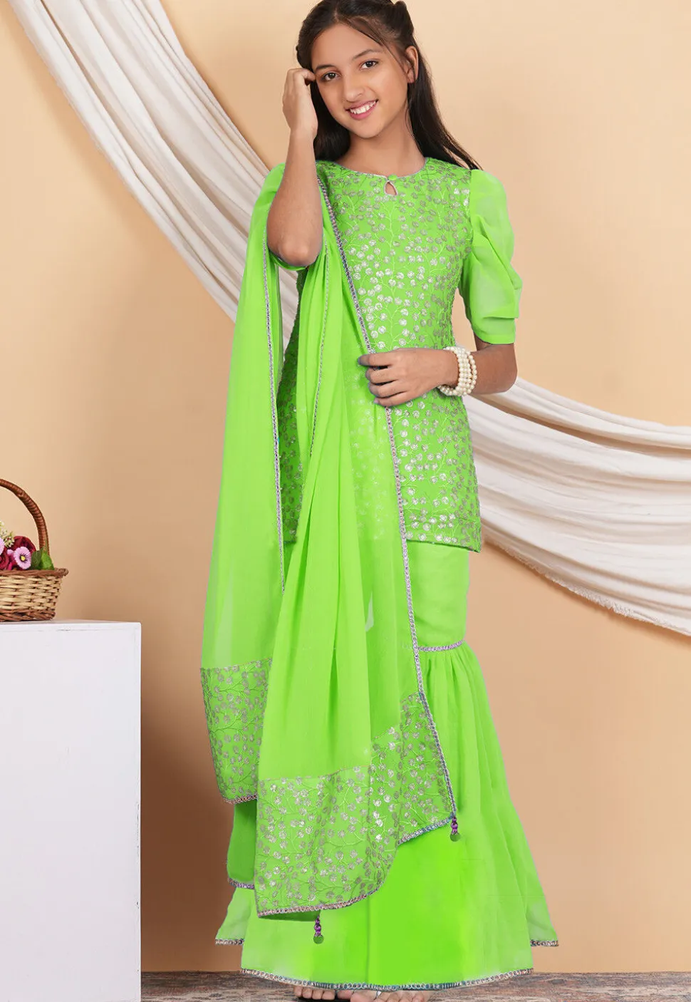 Embroidered Georgette Pakistani Suit in Neon Green