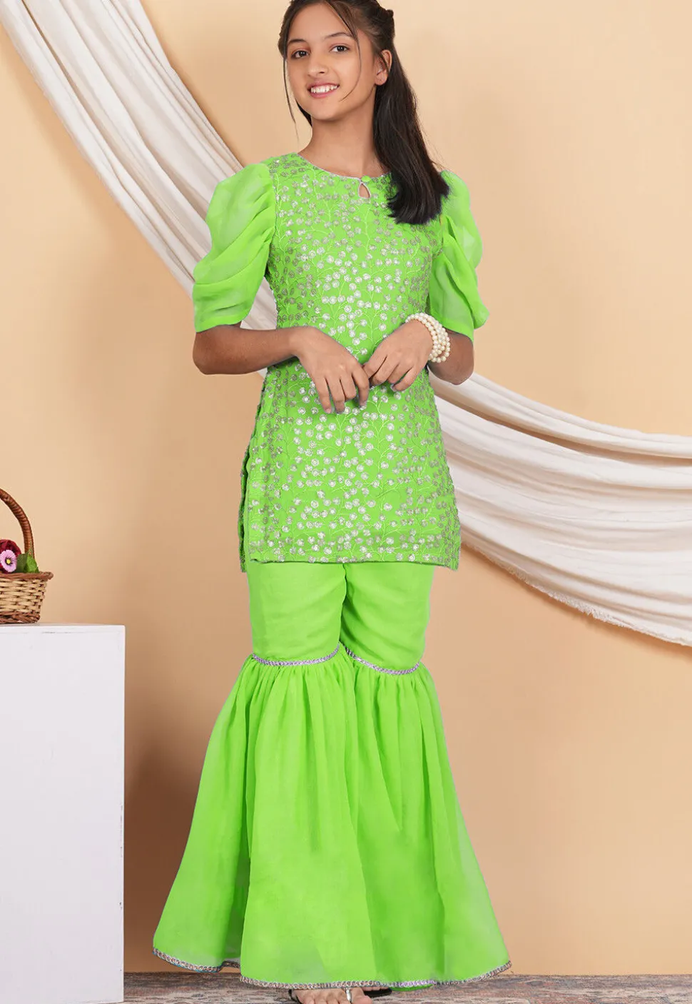 Embroidered Georgette Pakistani Suit in Neon Green