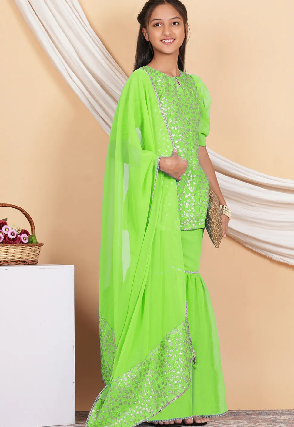 Embroidered Georgette Pakistani Suit in Neon Green