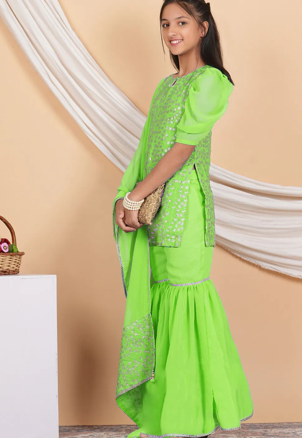 Embroidered Georgette Pakistani Suit in Neon Green