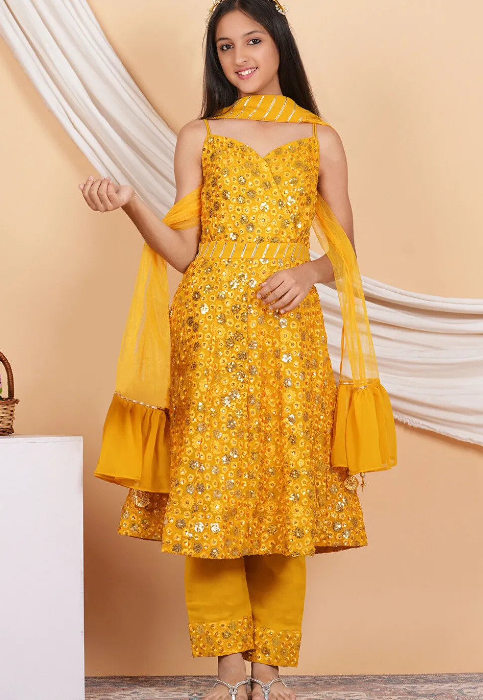 Embroidered Georgette Pakistani Suit in Mustard