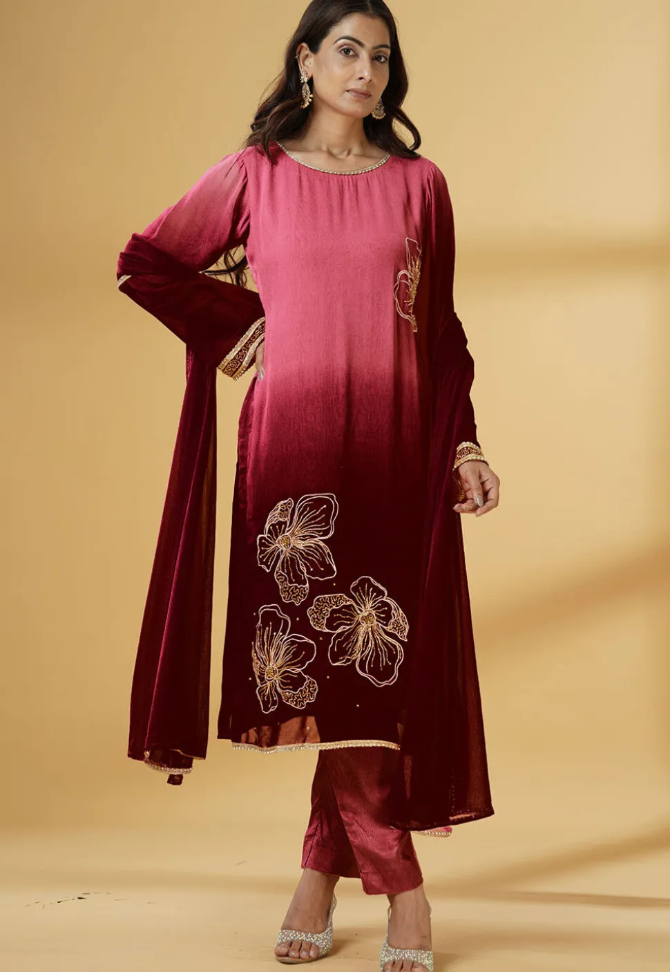 Embroidered Georgette Pakistani Suit in Shaded Maroon
