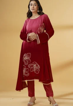 Embroidered Georgette Pakistani Suit in Shaded Maroon