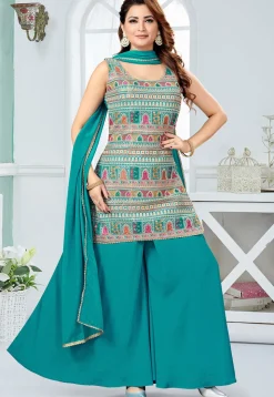 Embroidered Georgette Pakistani Suit in Teal Blue