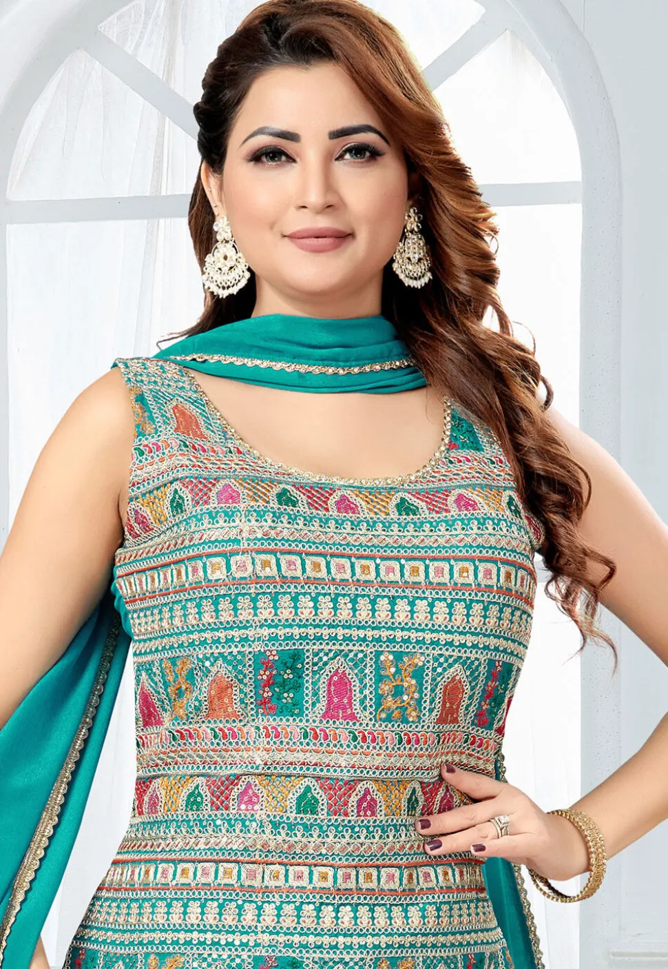 Embroidered Georgette Pakistani Suit in Teal Blue