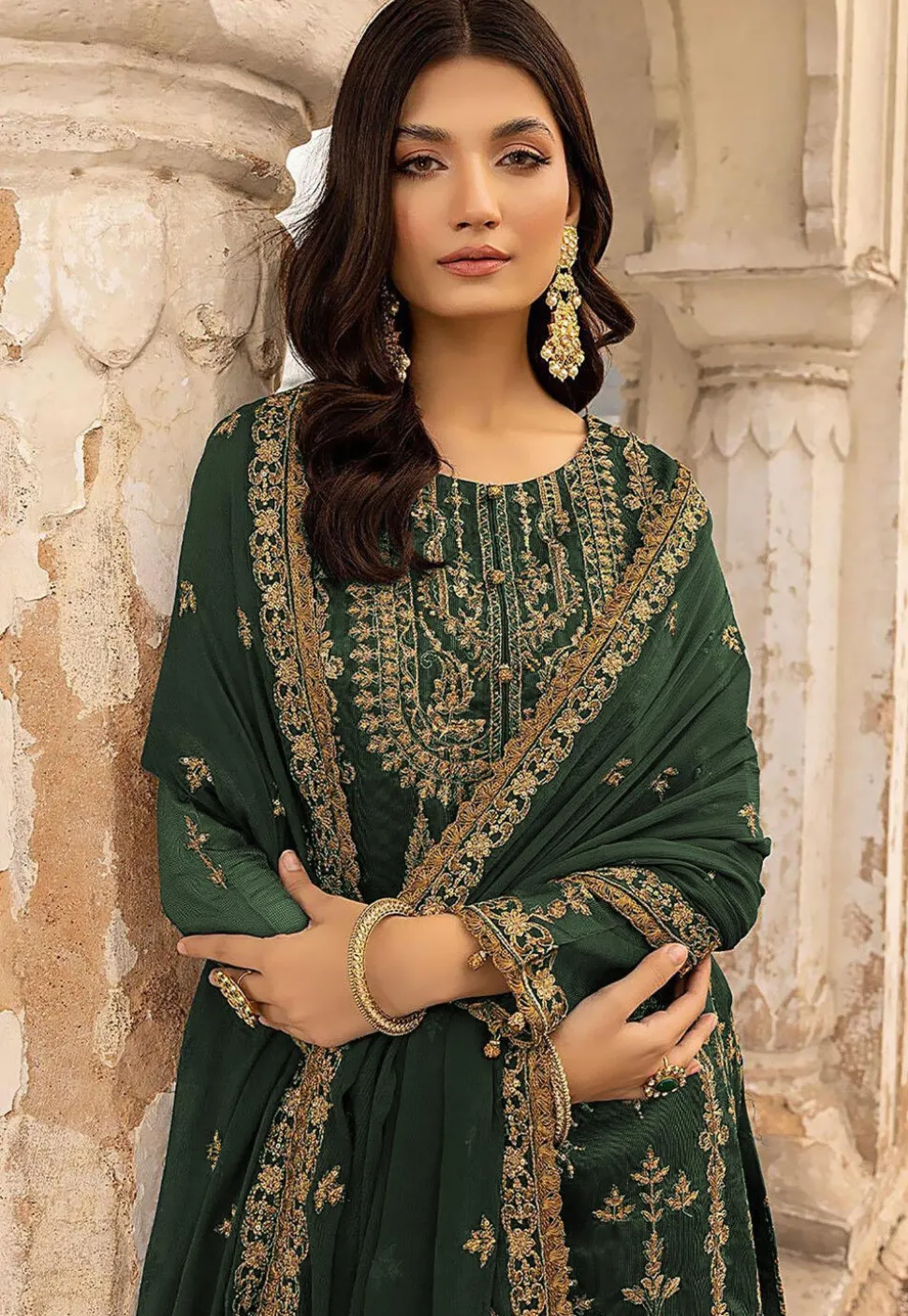 Embroidered Georgette Pakistani Suit in Dark Green