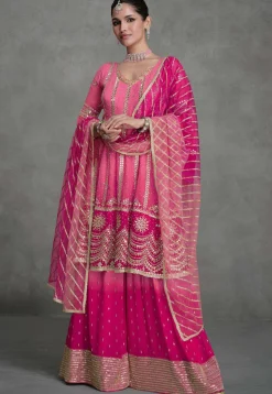 Embroidered Georgette Pakistani Suit in Shaded Pink and Fuchsia