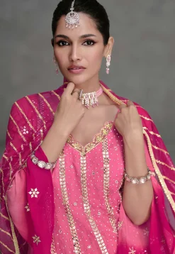 Embroidered Georgette Pakistani Suit in Shaded Pink and Fuchsia