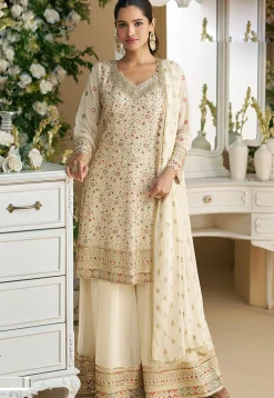 Embroidered Georgette Pakistani Suit in Cream