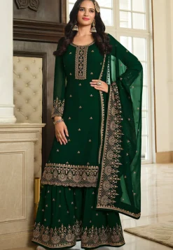 Embroidered Georgette Pakistani Suit in Dark Green