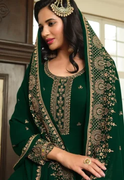 Embroidered Georgette Pakistani Suit in Dark Green