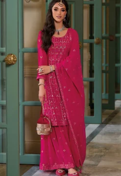 Embroidered Georgette Pakistani Suit in Fuchsia