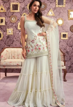 Embroidered Georgette Pakistani Suit in Off White