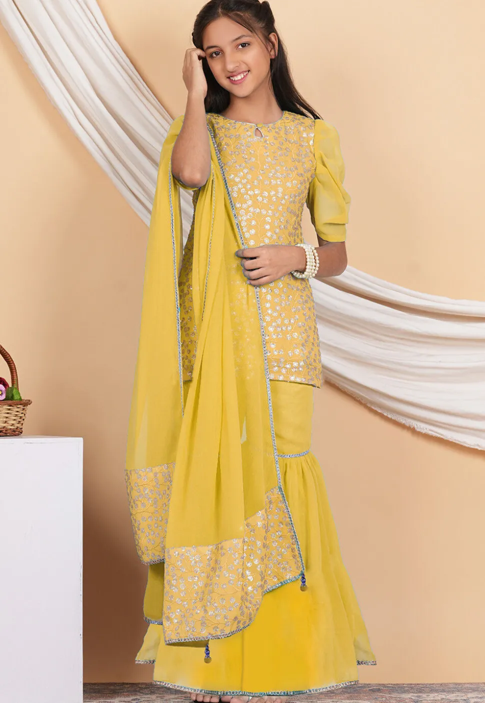 Embroidered Georgette Pakistani Suit in Yellow