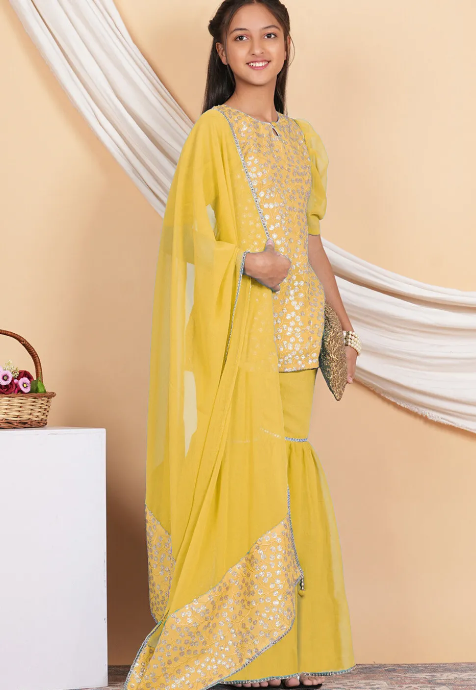 Embroidered Georgette Pakistani Suit in Yellow