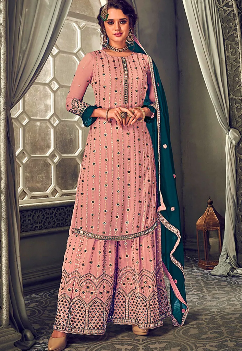 Embroidered Georgette Pakistani Suit in Dusty Peach
