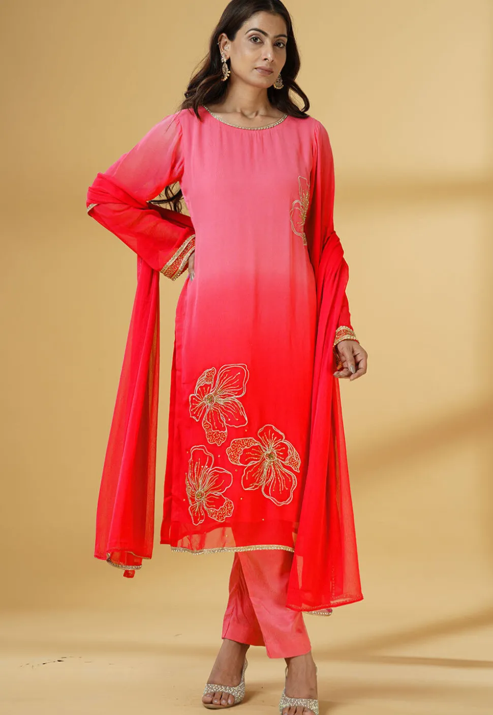 Embroidered Georgette Pakistani Suit in Shaded Coral Red