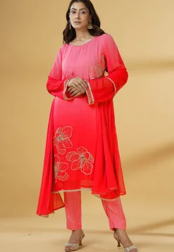 Embroidered Georgette Pakistani Suit in Shaded Coral Red