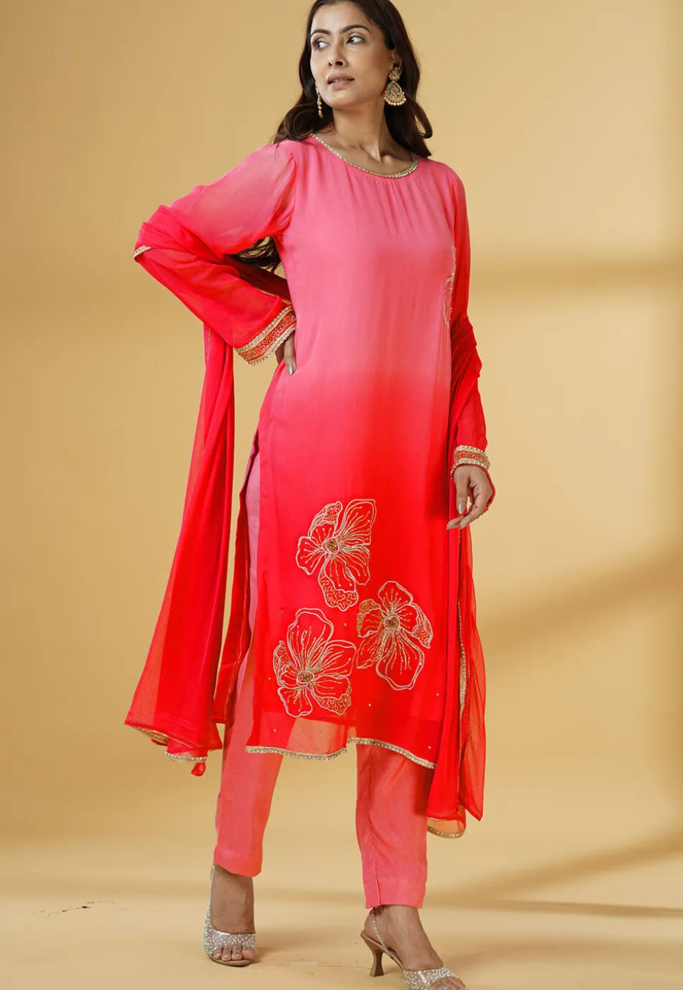 Embroidered Georgette Pakistani Suit in Shaded Coral Red