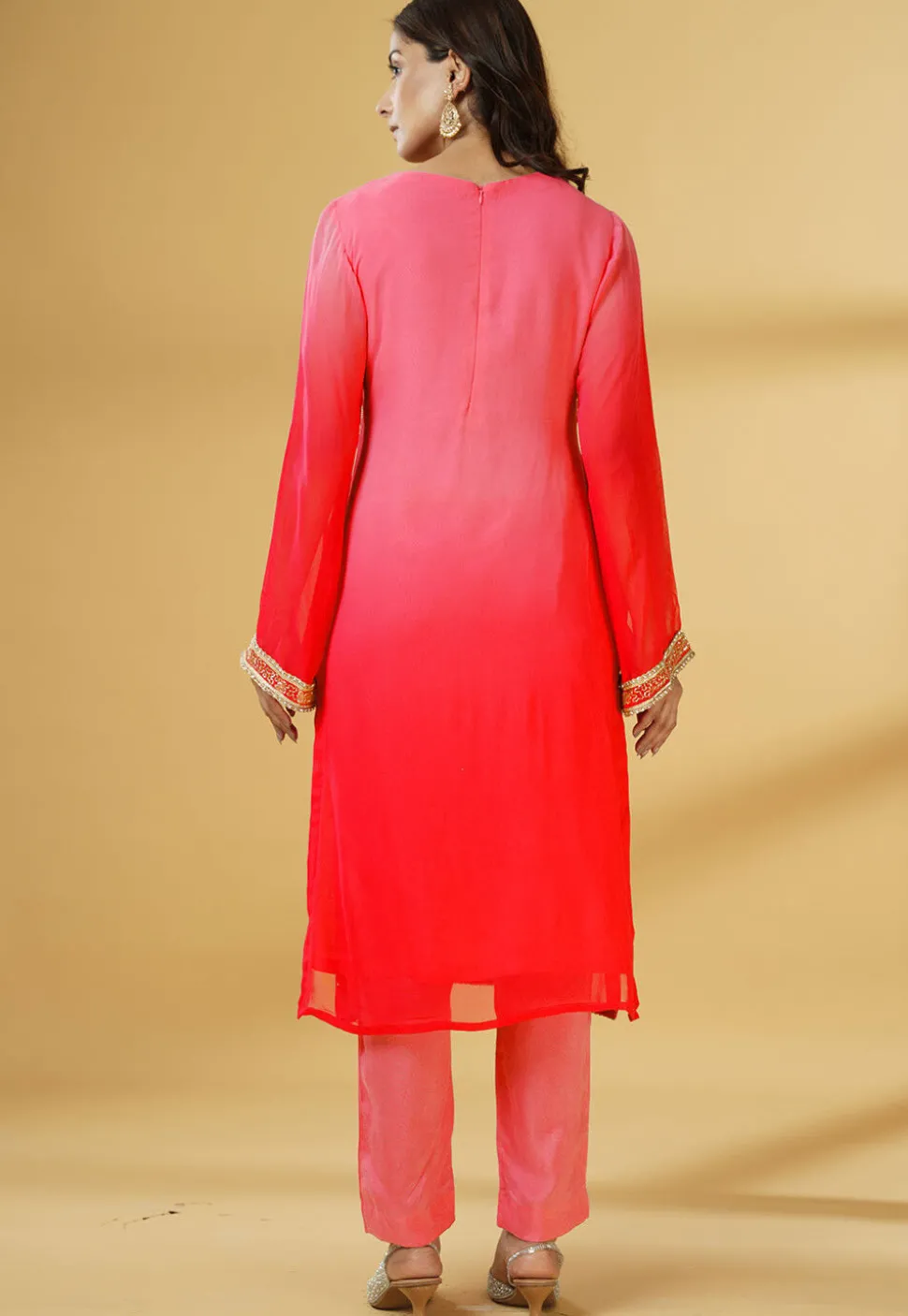 Embroidered Georgette Pakistani Suit in Shaded Coral Red