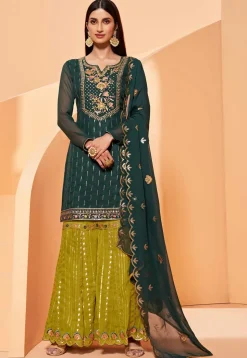 Embroidered Georgette Pakistani Suit in Dark Green