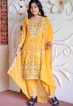Embroidered Georgette Pakistani Suit in Yellow