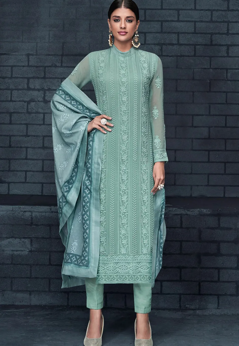 Embroidered Georgette Pakistani Suit in Pastel Blue