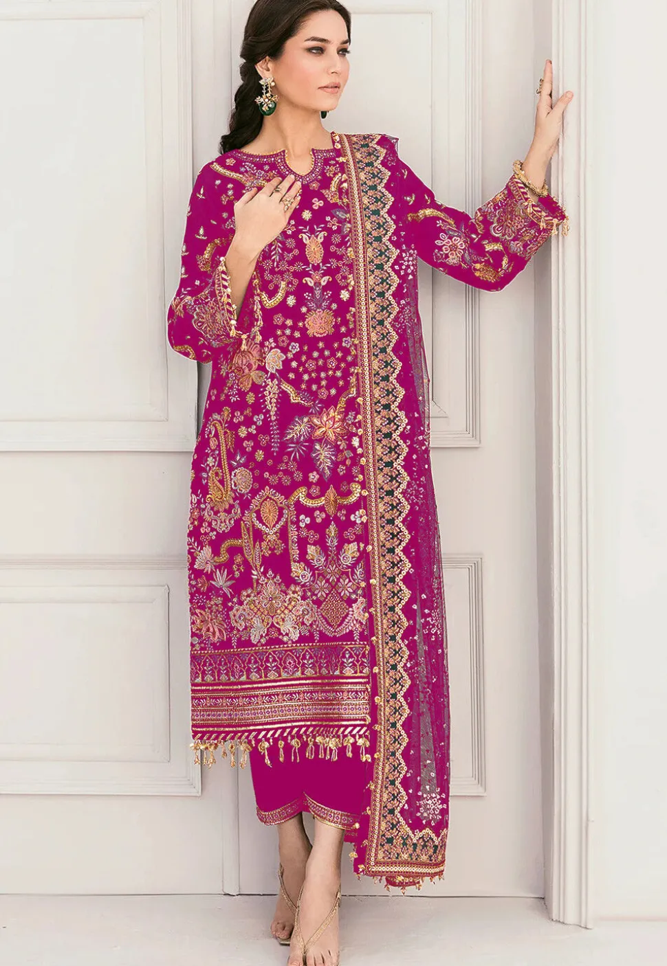 Embroidered Georgette Pakistani Suit in Fuchsia