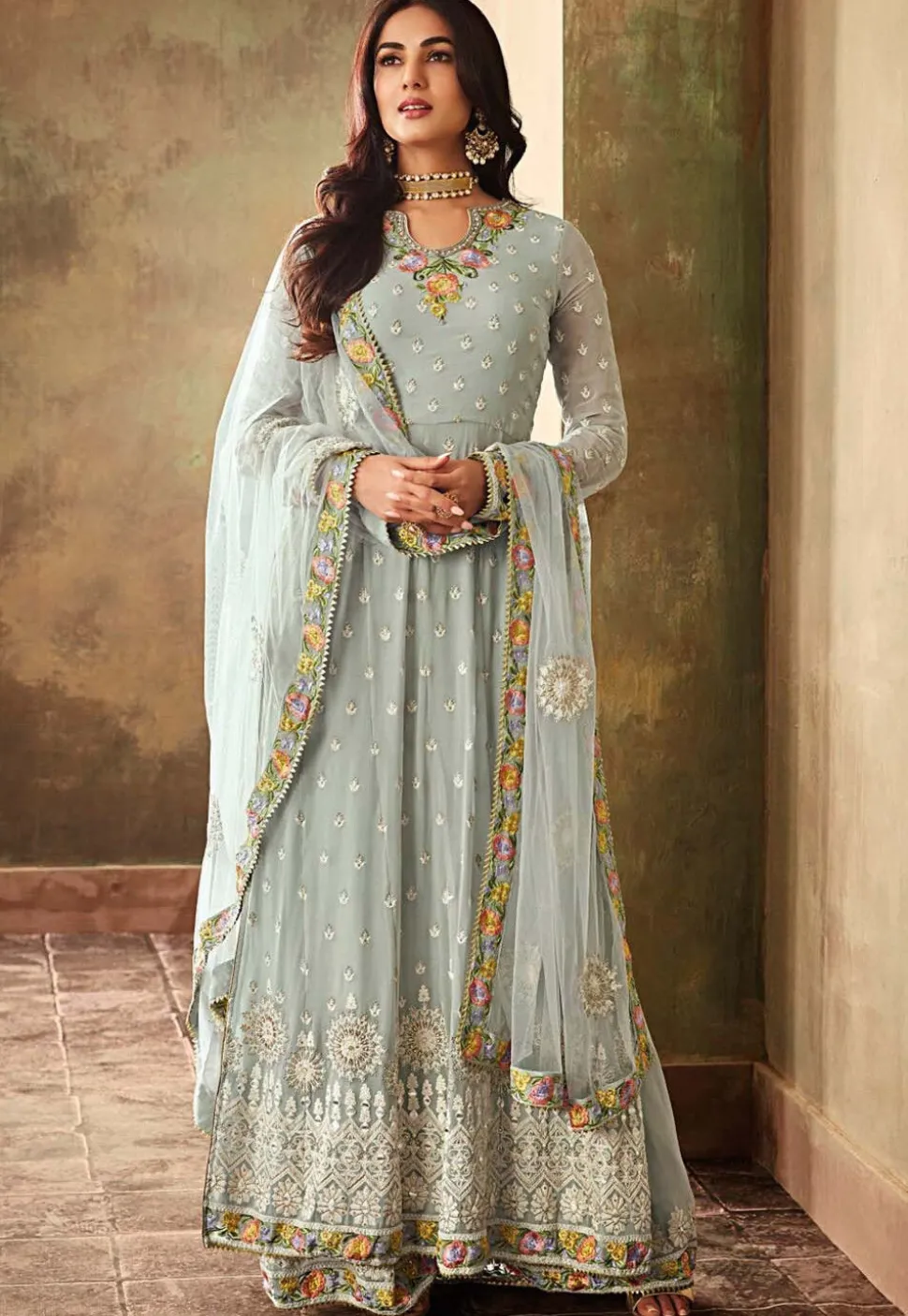 Embroidered Georgette Pakistani Suit in Pastel Blue