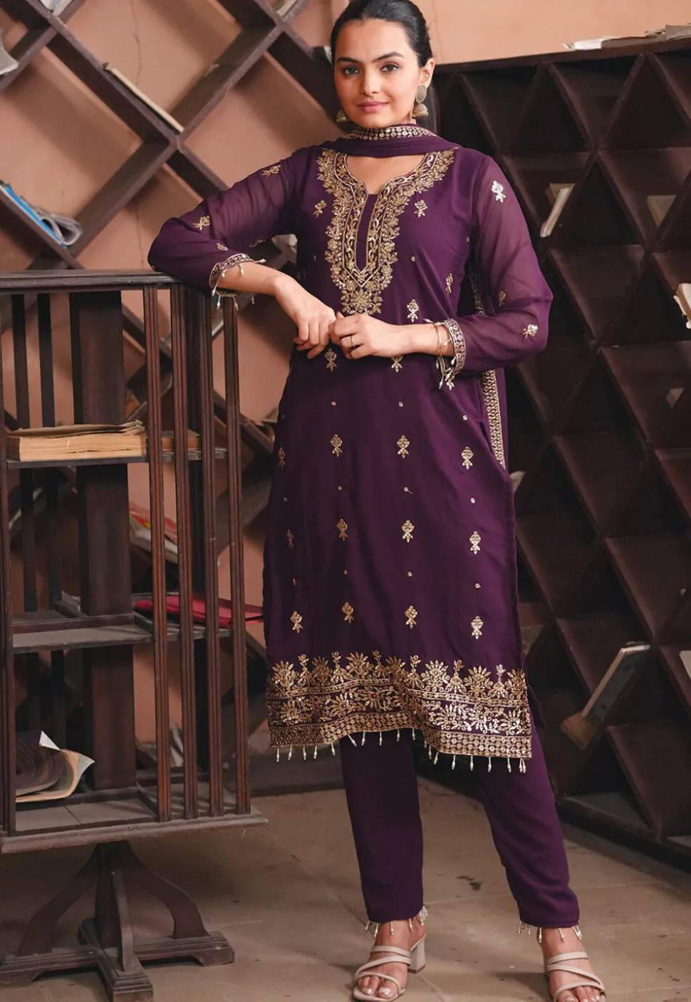 Embroidered Georgette Pakistani Suit in Purple