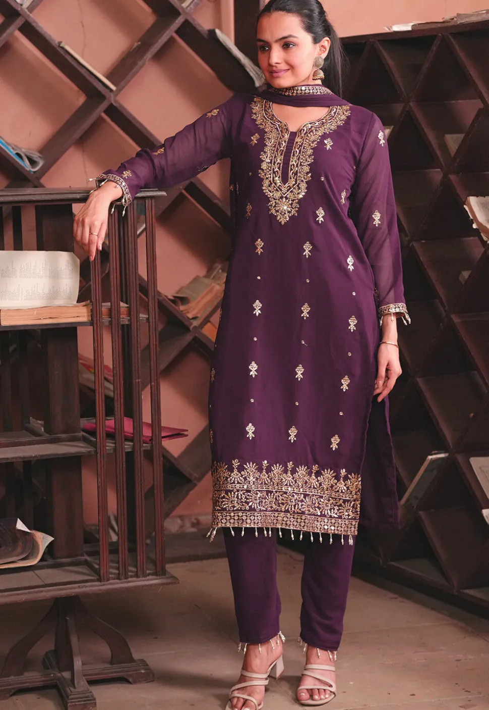 Embroidered Georgette Pakistani Suit in Purple