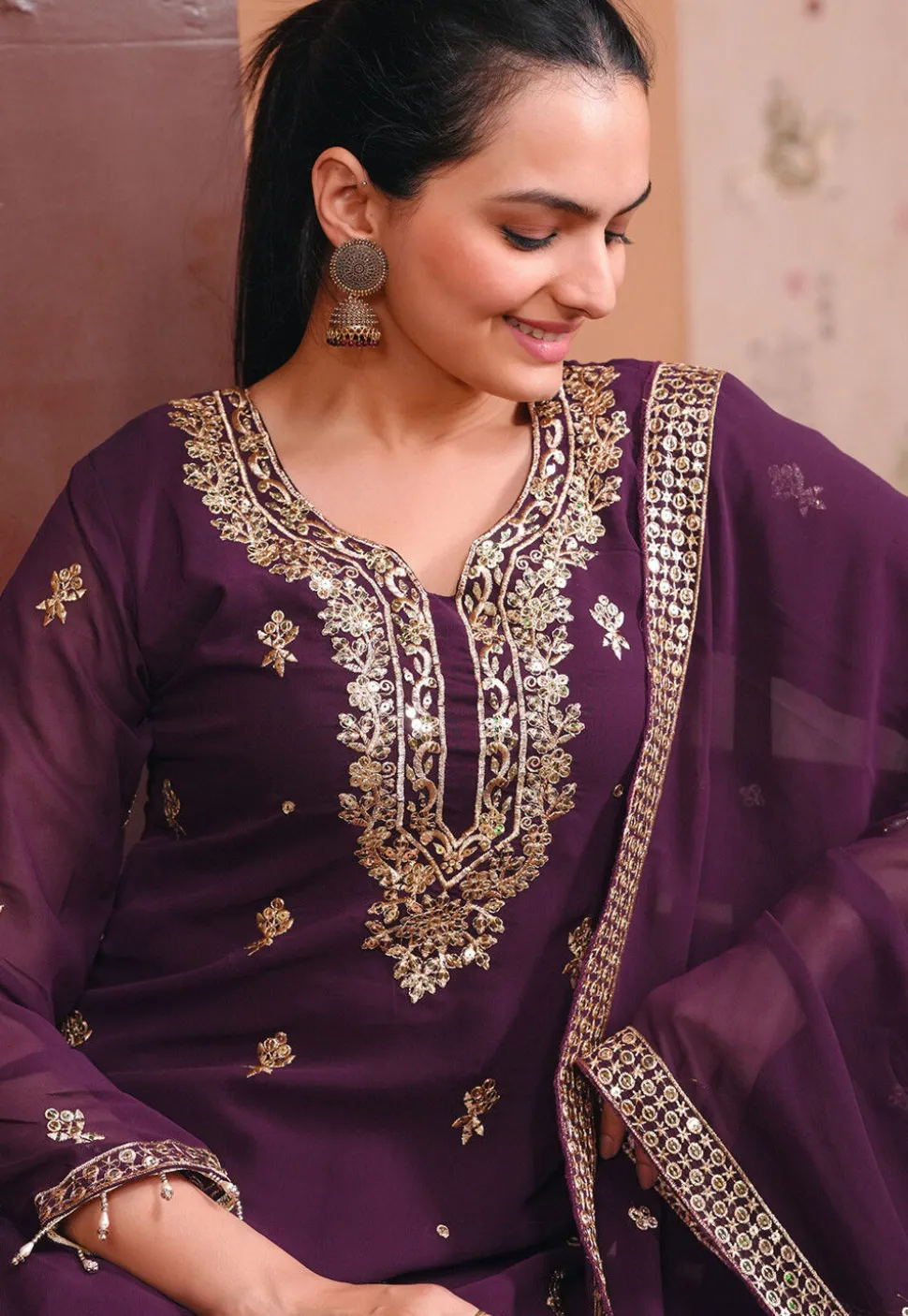 Embroidered Georgette Pakistani Suit in Purple