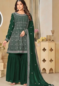 Embroidered Georgette Pakistani Suit in Dark Green