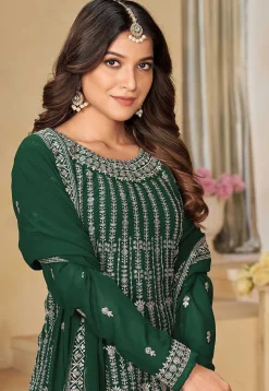 Embroidered Georgette Pakistani Suit in Dark Green