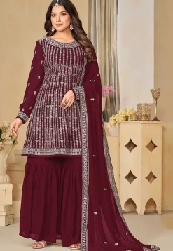 Embroidered Georgette Pakistani Suit in Maroon
